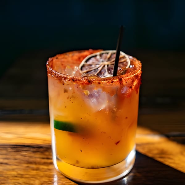 A vibrant orange cocktail with a chili-lime rim, garnished with a dried lime slice and black straw.