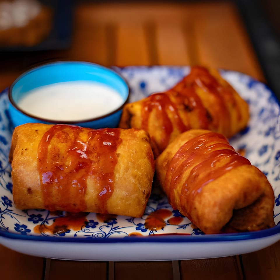 Three Hacienda Tacos Mexican egg rolls drizzled with sauce, served with a side of white dipping sauce.